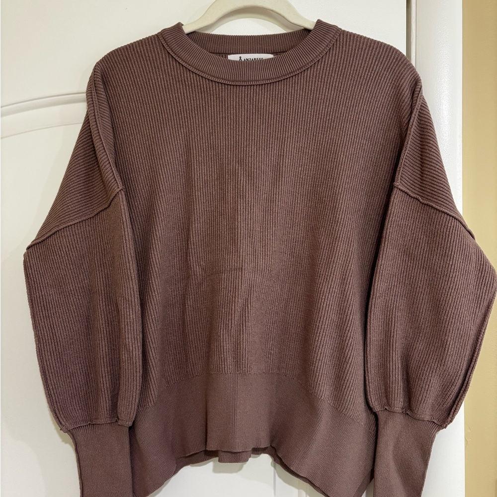 Chocolate Brown Crew Neck Oversized Sweater with Ribbed Cuffs